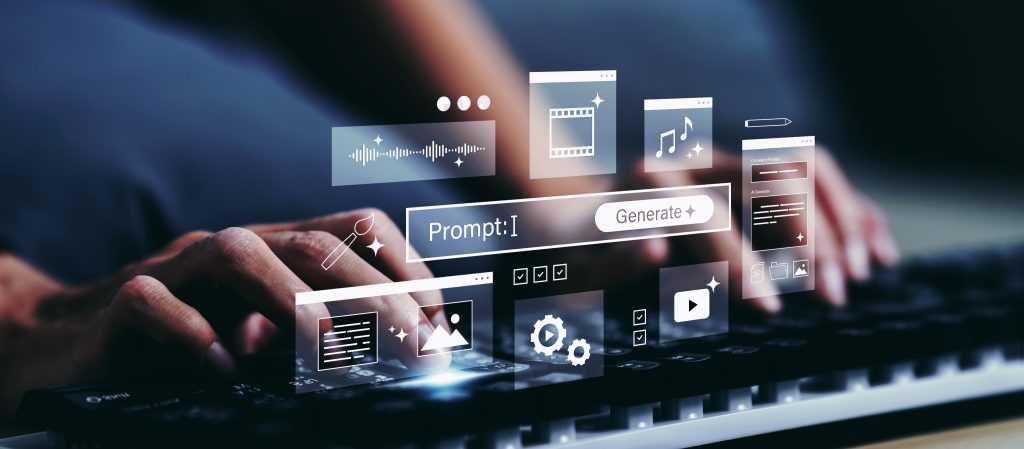 Hands typing on a keyboard beneath glowing AI interface icons for text, images, audio, and video, suggesting creative digital content generation.